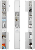 Tall Storage Cabinet, 7.9 Inch Narrow Bathroom Cabinet with USB Magnetic Light, Open Shelf, Magnetic Doors & Drawer, 5 Adjustable Shelves, Anti-Tip Kit for Small Spaces, Living Room, White, 70.9" H