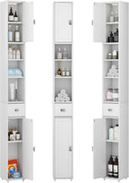 Tall Storage Cabinet, 7.9 Inch Narrow Bathroom Cabinet with USB Magnetic Light, Open Shelf, Magnetic Doors & Drawer, 5 Adjustable Shelves, Anti-Tip Kit for Small Spaces, Living Room, White, 70.9" H