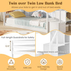 Giantex Twin Over Twin Bunk Bed with Stairs, Solid Wood Floor Bunk Bed with Storage Staircase & Full-Length Guardrails, Low Bunk Bed with for Kids, Teens, Adults, Dorm, Small Space, White
