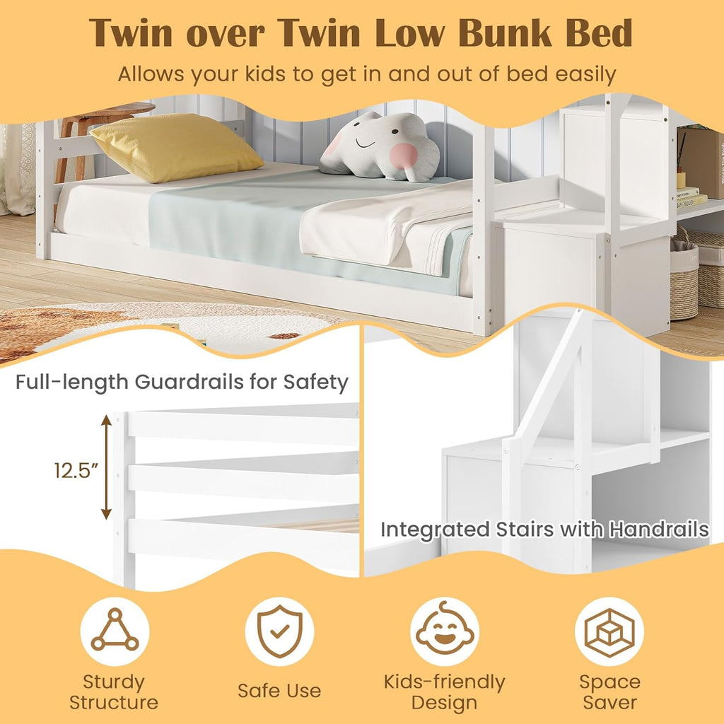 Giantex Twin Over Twin Bunk Bed with Stairs, Solid Wood Floor Bunk Bed with Storage Staircase & Full-Length Guardrails, Low Bunk Bed with for Kids, Teens, Adults, Dorm, Small Space, White