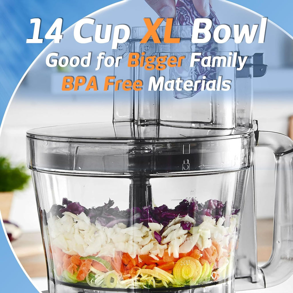 14-Cup French-Fry-Cutter Storage-Drawer Food-Processor - XL Bowl, Large Chute & Storage Drawer, Slicing & Shredding, Chopping & Mixing, For Cheese, Meat & Veggie Prep (Inox Silver)