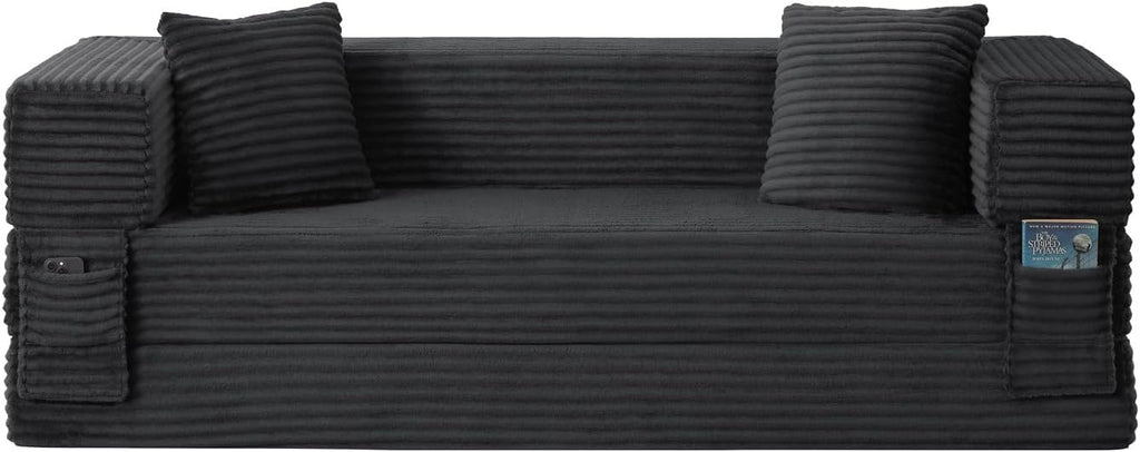 80 Inch Convertible Sofa Bed, Oversized Boneless Couch with High Arms, Deep Seat Corduroy Sleeper Sofa, Folding Floor Couch with Side Pockets, No Assembly Cloud Lounge for Living Room (Dark Grey)