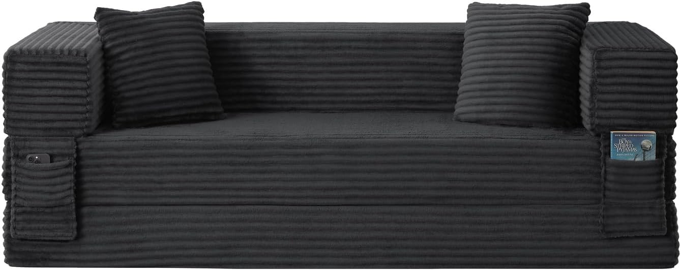 80 Inch Convertible Sofa Bed, Oversized Boneless Couch with High Arms, Deep Seat Corduroy Sleeper Sofa, Folding Floor Couch with Side Pockets, No Assembly Cloud Lounge for Living Room (Dark Grey)