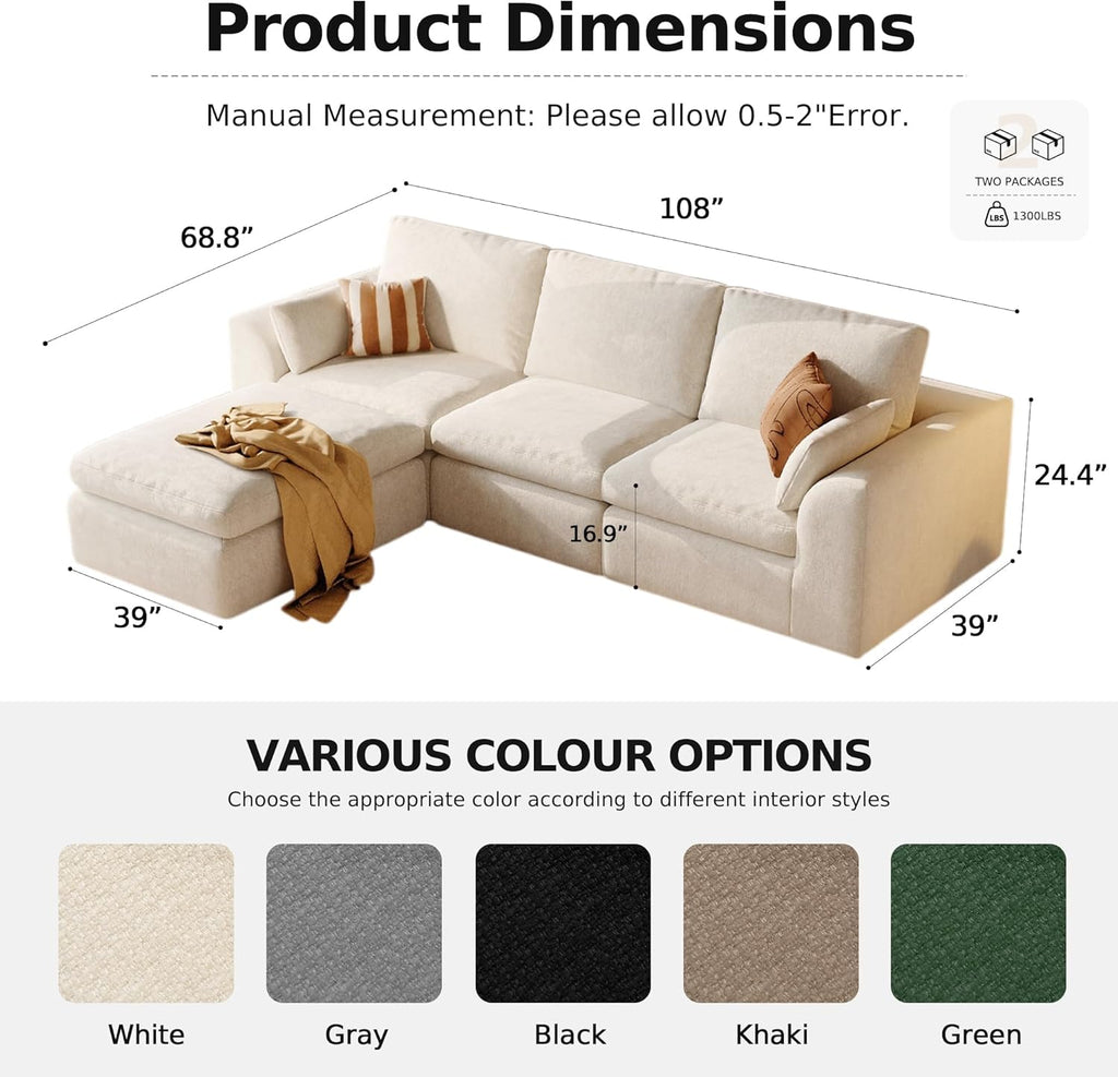 108'' Boneless Cloud couches for Livingroom,Sectional L-Shape Couch with Ottoman,3 Seater Convertible Modular Soft Sofa,White