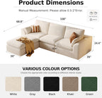 108'' Boneless Cloud couches for Livingroom,Sectional L-Shape Couch with Ottoman,3 Seater Convertible Modular Soft Sofa,White