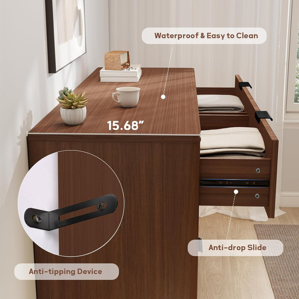 Fluted Dresser for Bedroom,49.6'' Modern Wooden Walnut Dresser with 6 Drawers, Bedroom Dressers, Natural Wood Chest of Drawers for Living Room, Hallway (Walnut)