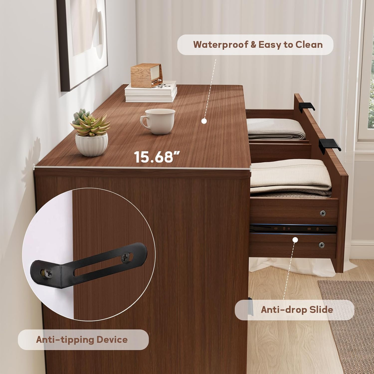 Fluted Dresser for Bedroom,49.6'' Modern Wooden Walnut Dresser with 6 Drawers, Bedroom Dressers, Natural Wood Chest of Drawers for Living Room, Hallway (Walnut)