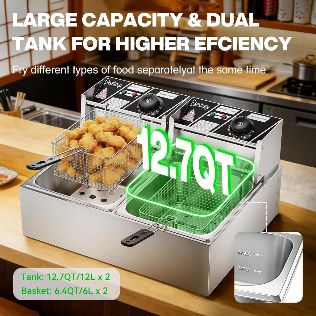 5000W Fast-Heating Commercial Deep Fryer With Basket | 25.4QT/24L Double Tank Electric Fryer, Adjustable Temp 140-392°F, Countertop Oil Fryer for Restaurant & Home Use, Stainless Steel