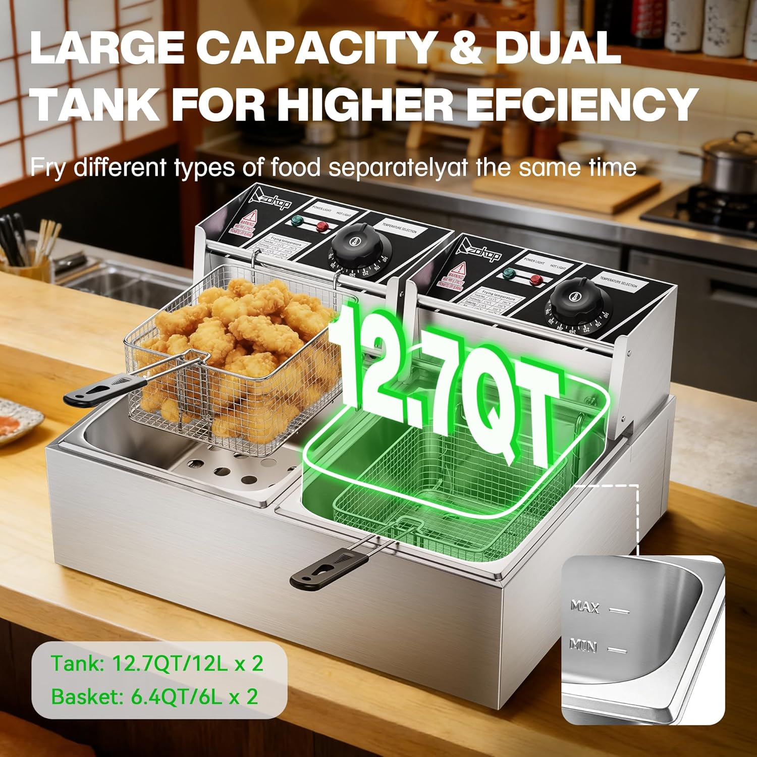 5000W Fast-Heating Commercial Deep Fryer With Basket | 25.4QT/24L Double Tank Electric Fryer, Adjustable Temp 140-392°F, Countertop Oil Fryer for Restaurant & Home Use, Stainless Steel