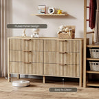 55" Wide Fluted 6 Drawer Dresser for Bedroom, Wooden Dresser Modern Chest of Drawers TV Stand Dressers with Organizer Storage for Bedroom, Living Room, Entryway, Hallway, Oak