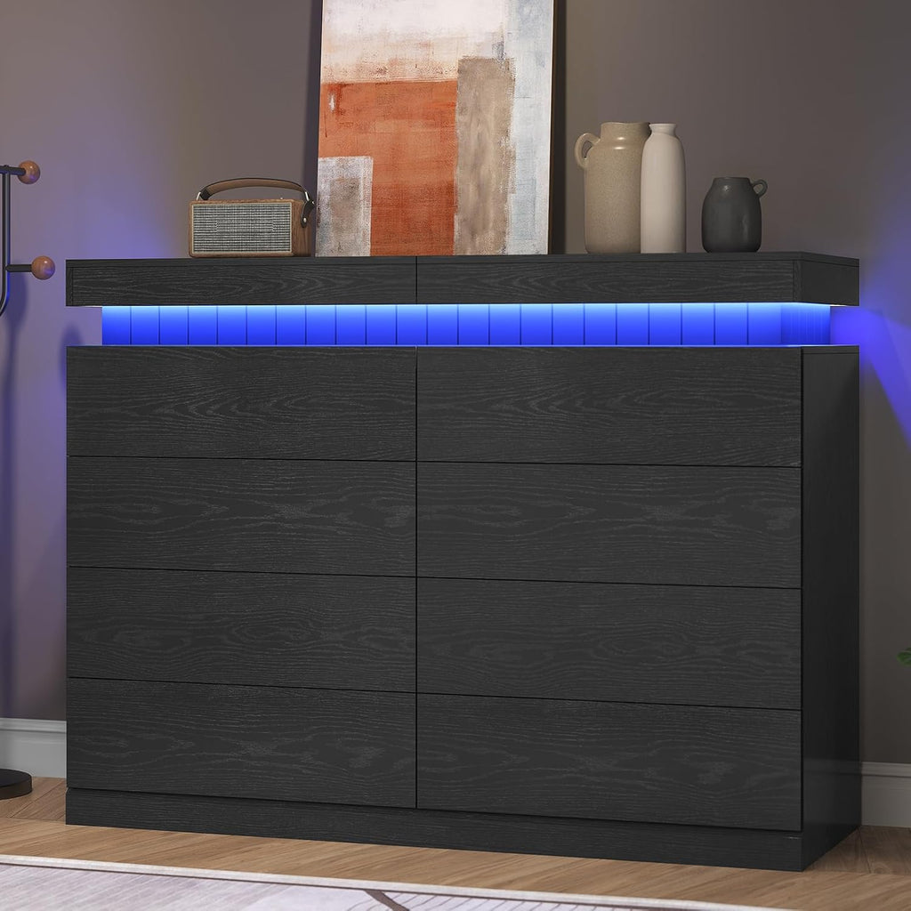 Tall Black 8 Dresser for Bedroom, Sliding Top Storage Space, Modern Wood Drawers with LED Light and Power Outlet, Large Chest of Drawer for Living Room, Hallway, Entryway (8 Drawers,Black)