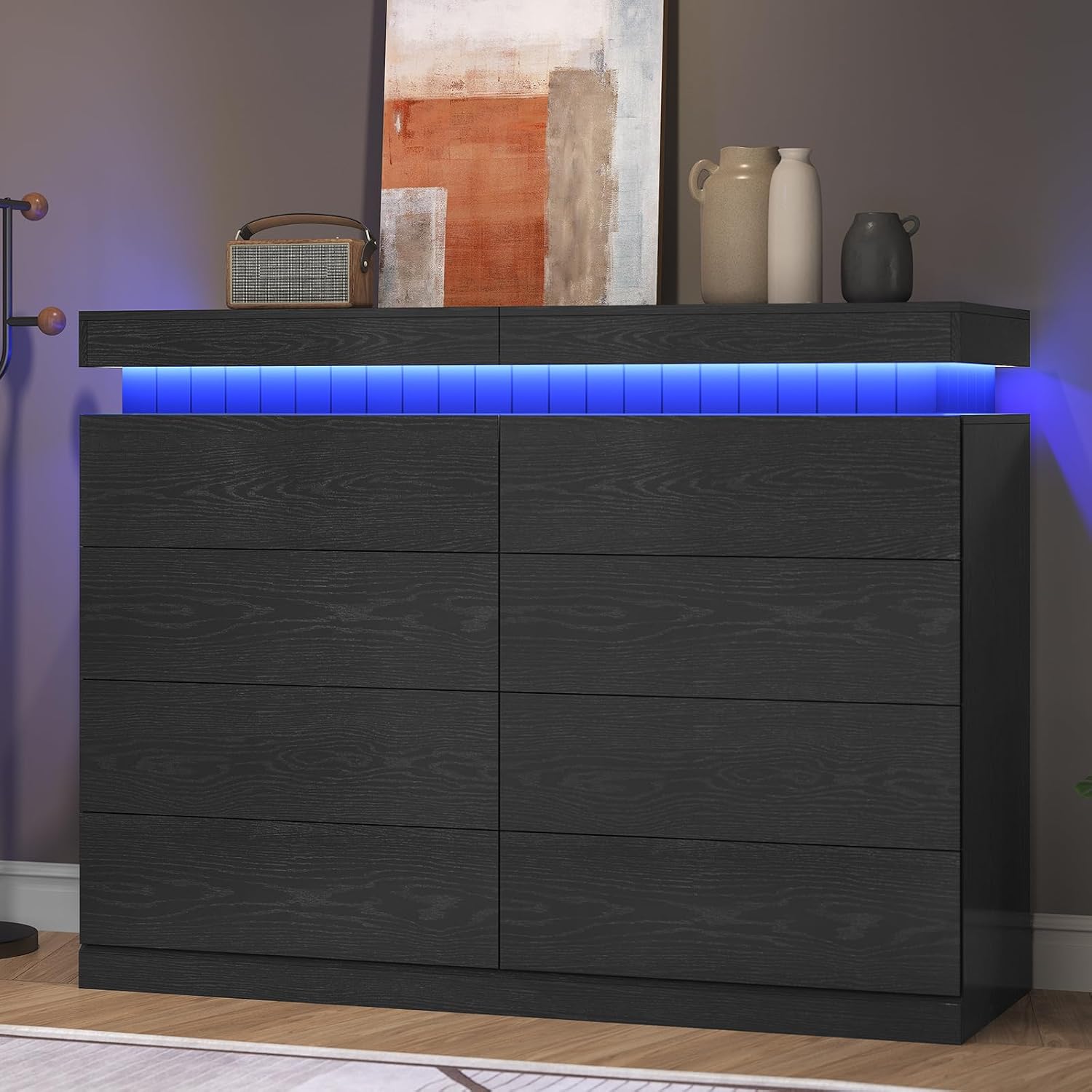 Tall Black 8 Dresser for Bedroom, Sliding Top Storage Space, Modern Wood Drawers with LED Light and Power Outlet, Large Chest of Drawer for Living Room, Hallway, Entryway (8 Drawers,Black)