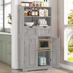 Iwell Storage Cabinet with 2 Drawers & Adjustable Shelf, Tall Bathroom Cabinet with Doors, Cupboard, Kitchen Cabinets for Living Room, Dining Room, Entryway, Grey
