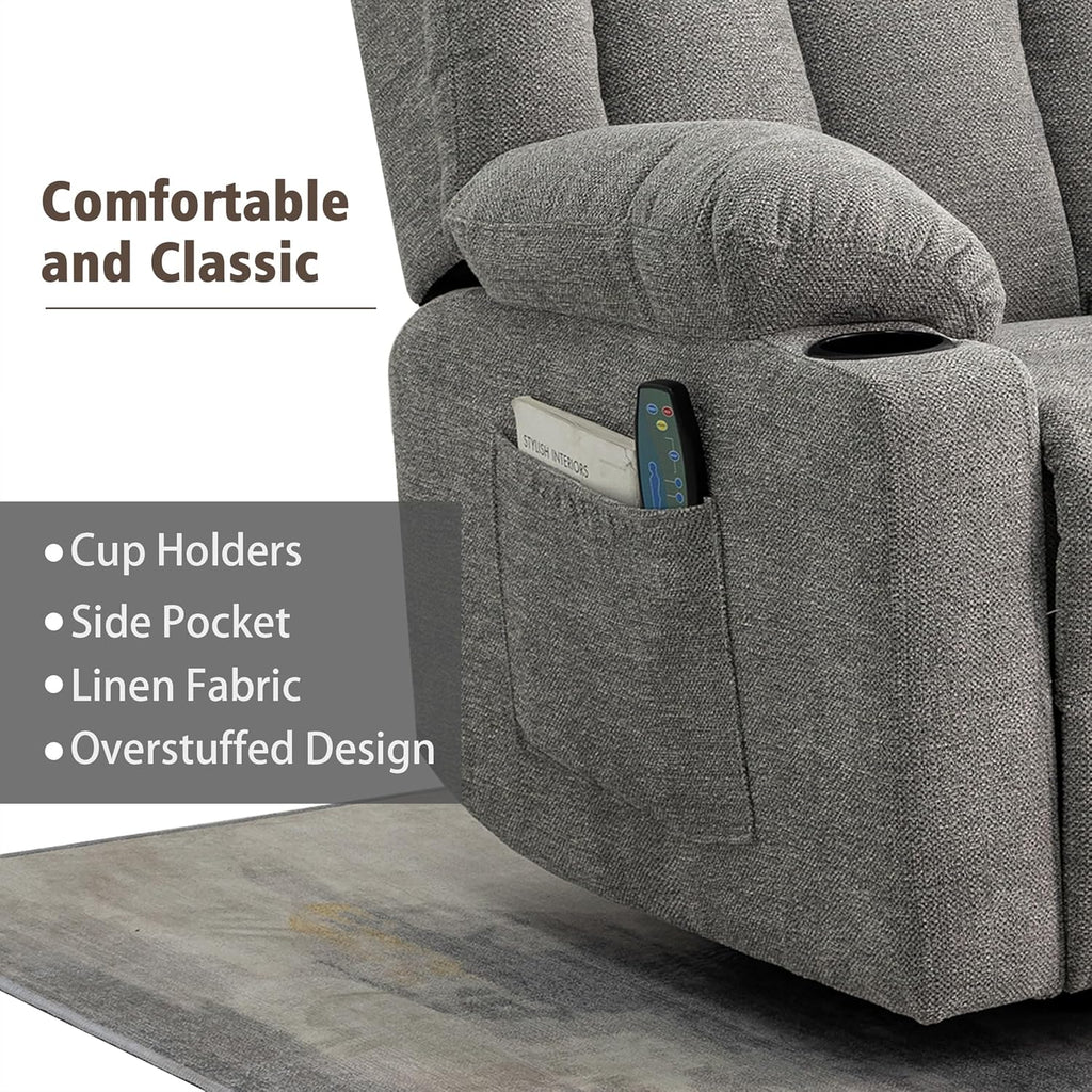 Rocker Swivel Recliner Chair for Adults, Overstuffed Large Manual Recliner Glider with Massage and Heat, Comfy Soft Fabric Living Room Reclining Sofa Chair (Lime Gray)