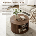 IRONCK Round Coffee Table Set of 2, Fluted Coffee Table and End Table with Storage, Wood Center Tables with Sliding Tambour Door and Hollow Side Table, Mid Century Modern, Walnut