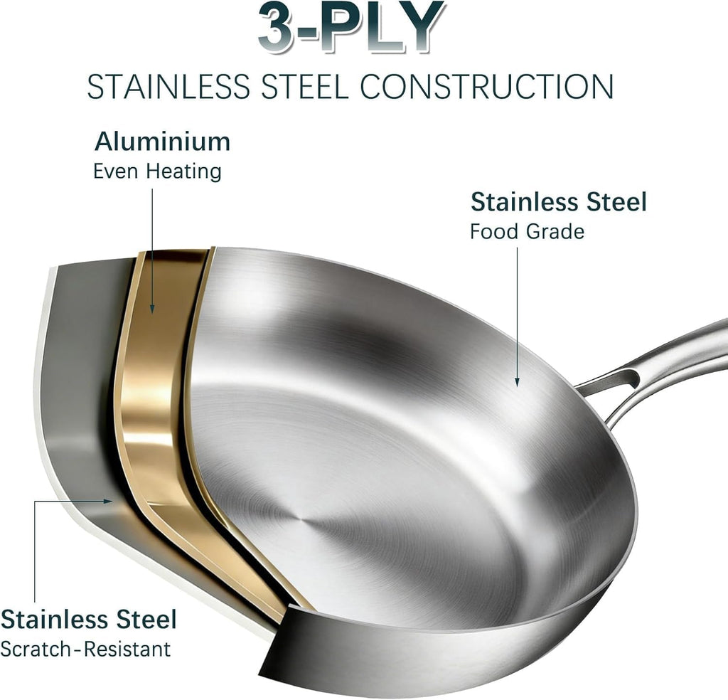 Stainless Steel Cookware Set - 20 PCS Pots and Pans Set with 3-Ply Stainless Steel Frying Pan, Professional Kitchen Cooking Set, Induction Compatible, Oven & Dishwasher Safe