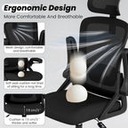 Fizzin Office Chair, Ergonomic Office Chair with High Back Mesh and Adjustable Lumbar Support, Home Mesh Office Desk Chairs with Wheels, Comfortable Gaming Chair for Long Hours (Deep Black)