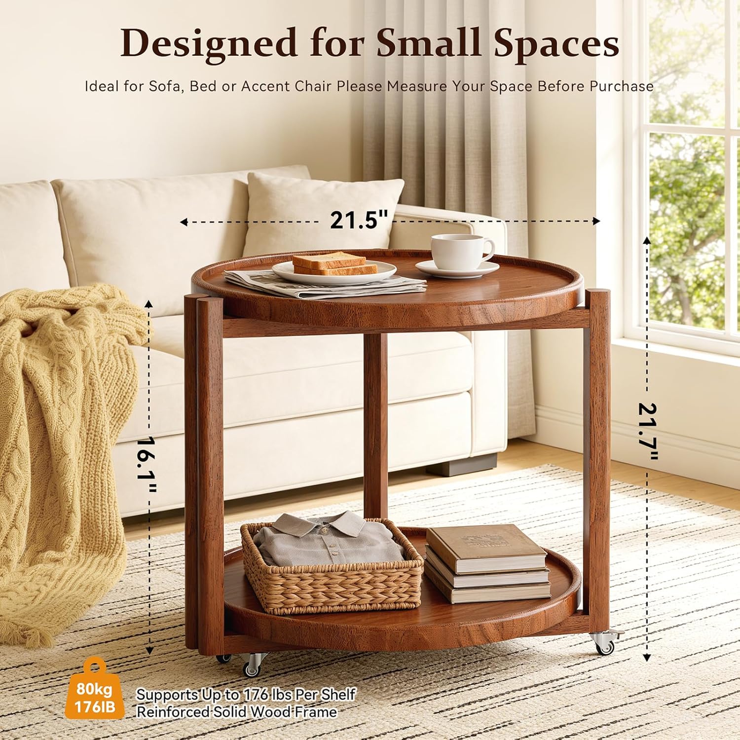 Taitiy Rolling Side Table with Wheels, Solid Wood Round End Table with Storage Shelf, 2 Tier Mobile Side Table for Couch & Small Spaces, Wooden Bedside Table with Lockable Casters, Walnut 21.5"