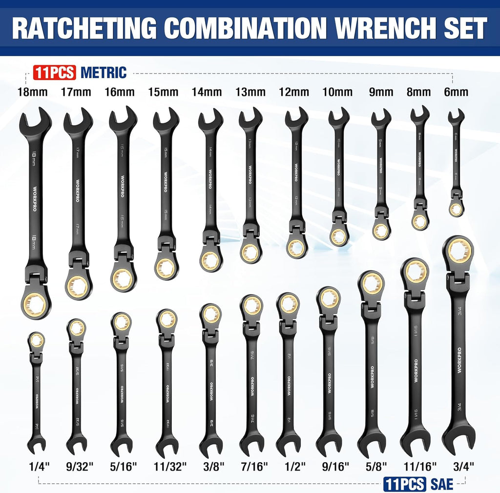 WORKPRO 22-piece Ratcheting Wrench Set with 180° Flex Head, Anti-Slip Tooth, Combination Wrench Sets with Organizer Box, Metric 6-18mm & SAE 1/4-3/4", Black Electrophoretic Coating