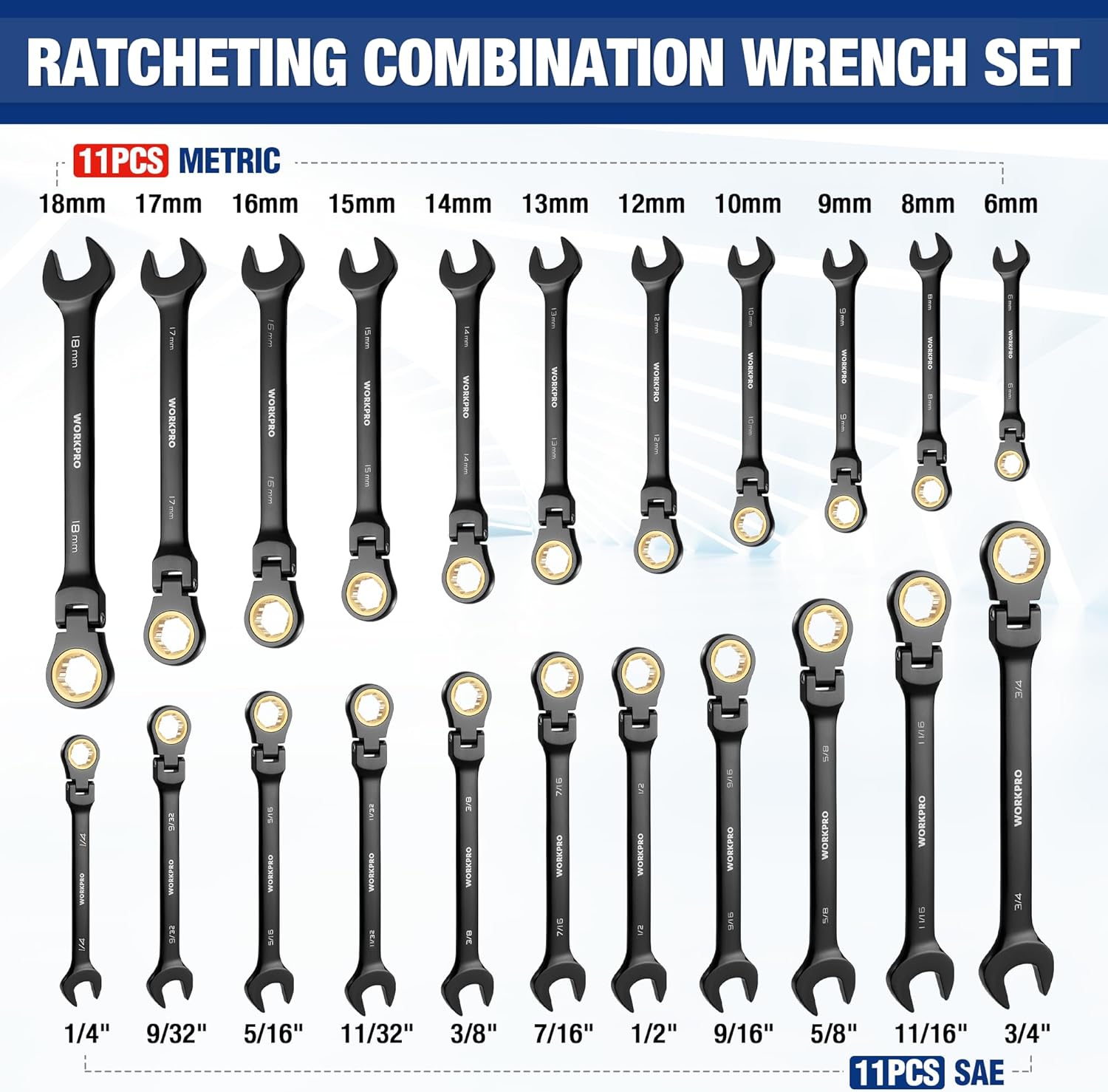 WORKPRO 22-piece Ratcheting Wrench Set with 180° Flex Head, Anti-Slip Tooth, Combination Wrench Sets with Organizer Box, Metric 6-18mm & SAE 1/4-3/4", Black Electrophoretic Coating