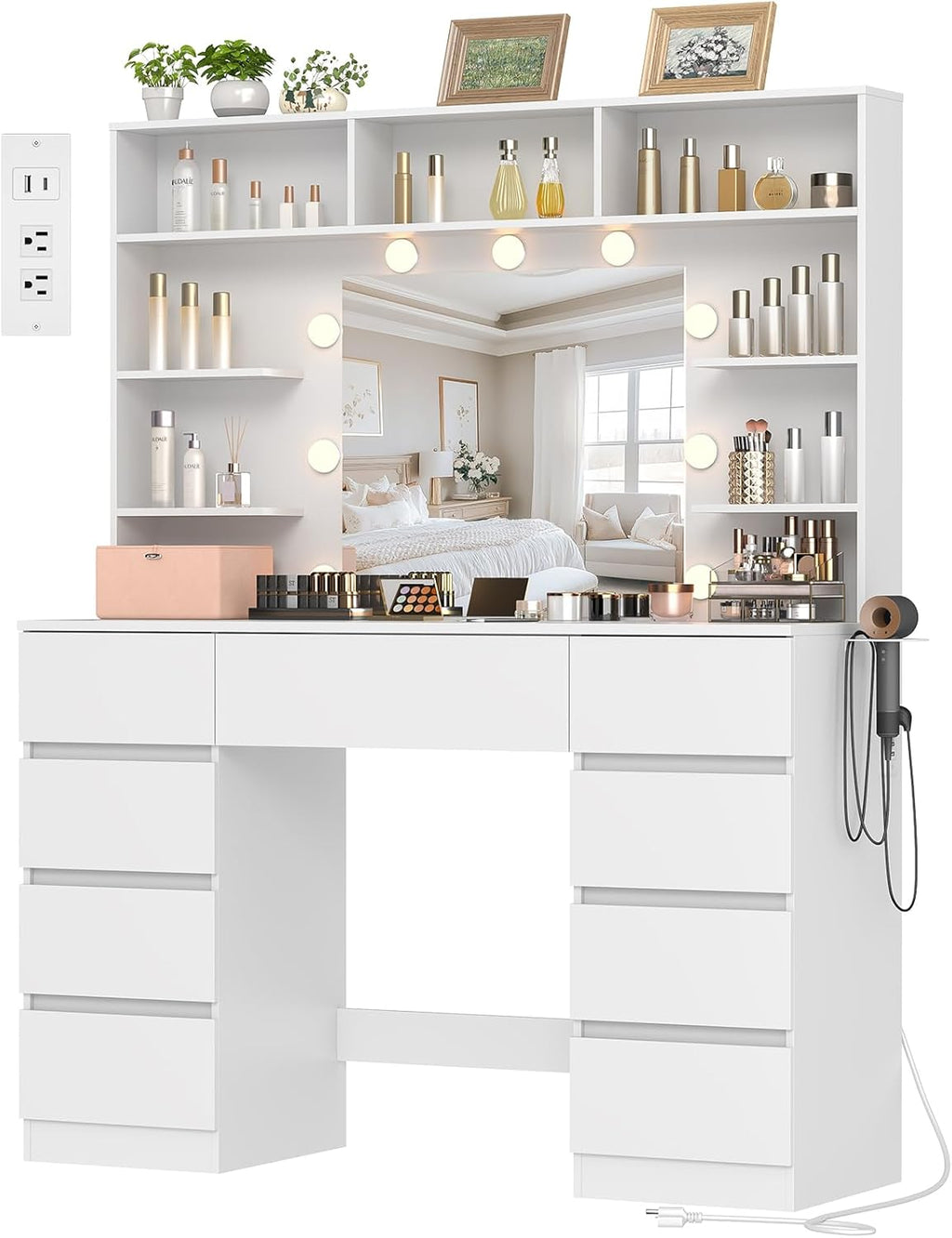 Vanity Desk with Mirror and Lights,43" Makeup Vanity Table with 9 Drawers and 7 Storage Shelves, Power Outlet & Adjustable LED Lights, Dressing Table for Bedroom .White