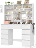 Vanity Desk with Mirror and Lights,43" Makeup Vanity Table with 9 Drawers and 7 Storage Shelves, Power Outlet & Adjustable LED Lights, Dressing Table for Bedroom .White