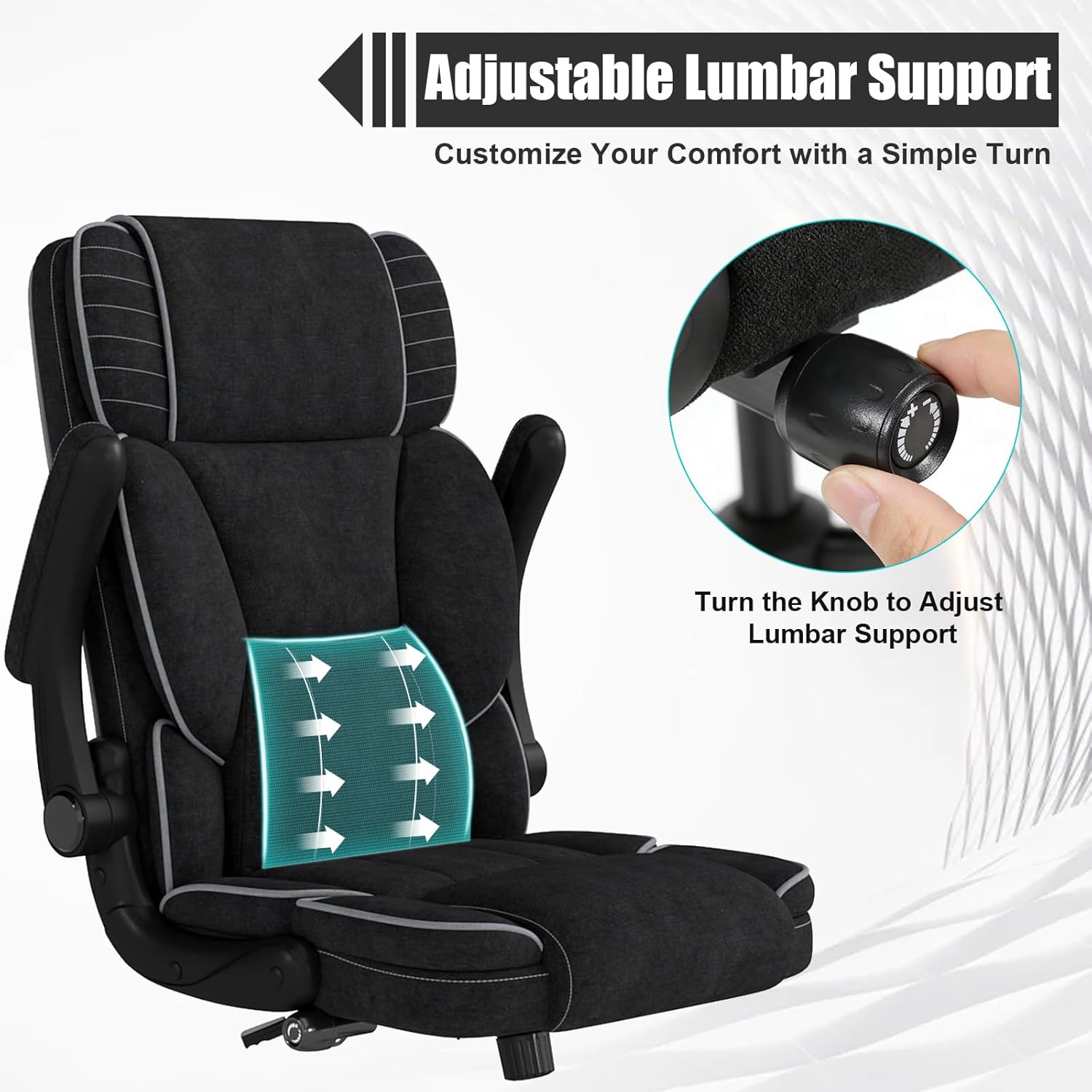 Big and Tall Office Chair with Adjustable Lumbar Support,Breathable Fabric High Back Desk Computer Chair with Adjustable Flip-up Armrests,Ergonomic Swivel PC Chair with Rocking Function