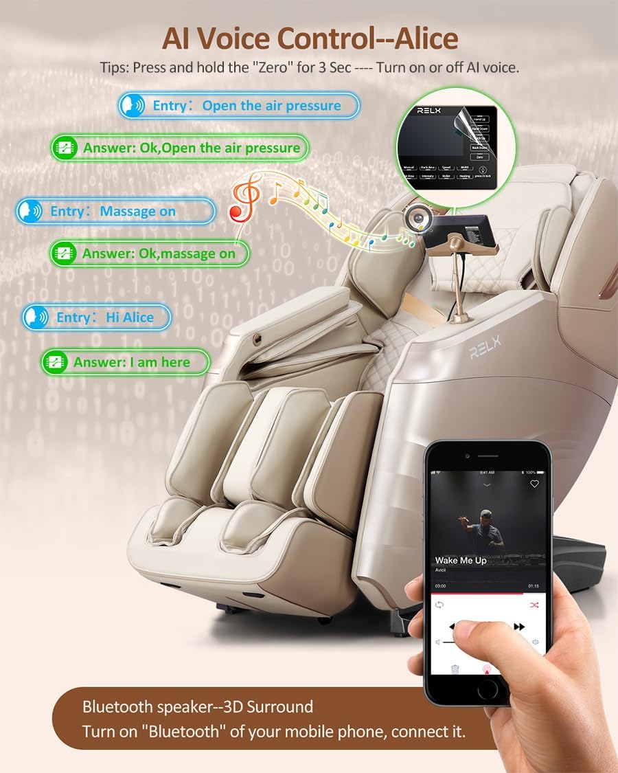 RELX Massage Chair Full Body, 15 Modes Zero Gravity SL-Track Shiatsu Massage Chair Built-in Heat System, Airbag Massage with Body Scan, Deep Yoga Stretch, Calfrest Extension and AI Control(Cream)