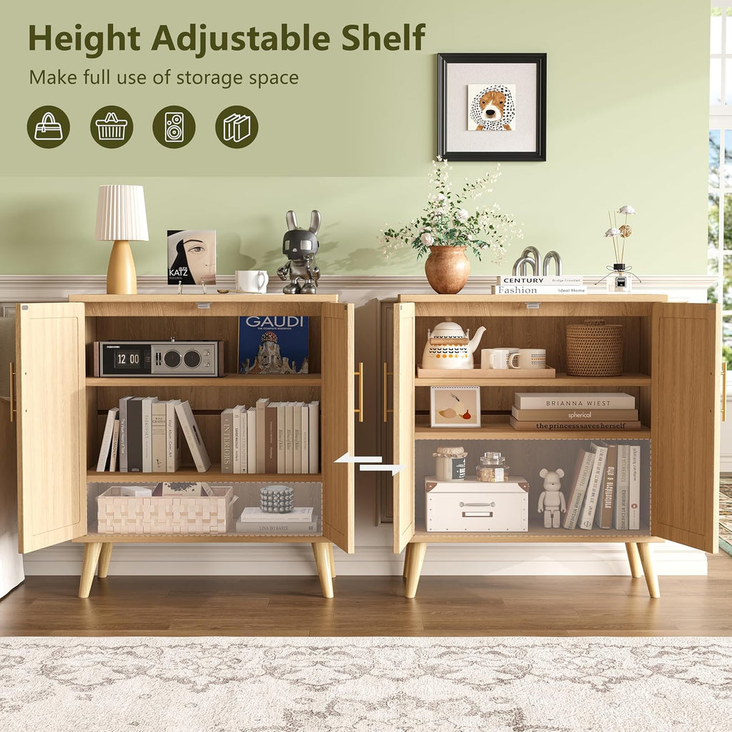 Keehusux Rattan Buffet Cabinet with Storage, Boho Buffet Table with Adjustable Shelf and Solid Wood Legs, Accent Sideboard with Doors, Floor Cabinet for Kitchen, Dining Room and Living Room, Natural
