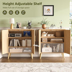 Keehusux Rattan Buffet Cabinet with Storage, Boho Buffet Table with Adjustable Shelf and Solid Wood Legs, Accent Sideboard with Doors, Floor Cabinet for Kitchen, Dining Room and Living Room, Natural