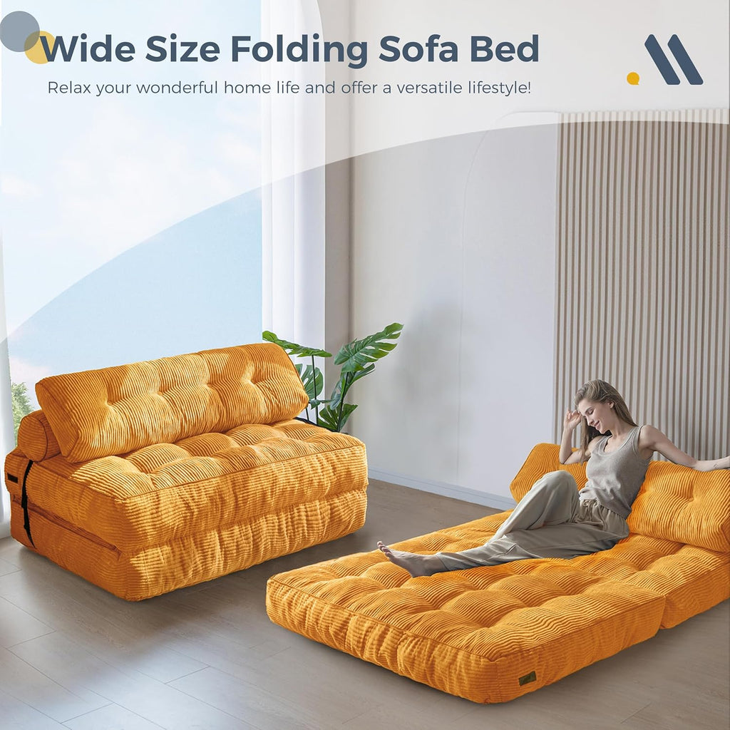MAXYOYO Folding Sofa Bed, Convertible Sleeper Chair with Pillow Foldable Mattress with Back Support, Portable Fold Out Chair Bed Comfy Floor Sofa Lounge for Living Room Bedroom, Orange Double