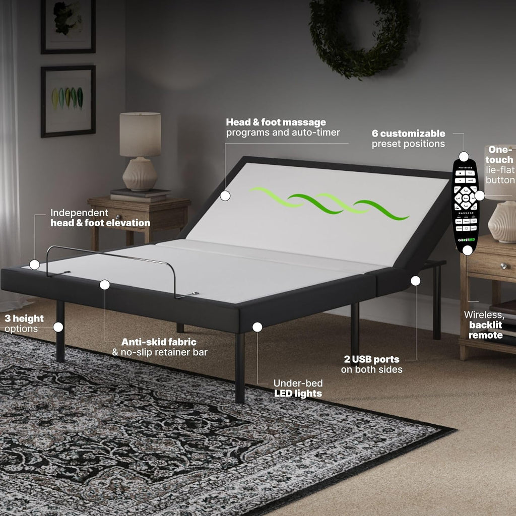 GhostBed Adjustable Bed Frame Power Base with 11" Ultimate Memory Foam Mattress Bundle - Electric Bed Base with Lumbar Support - Zero Gravity and Massage Settings - Queen
