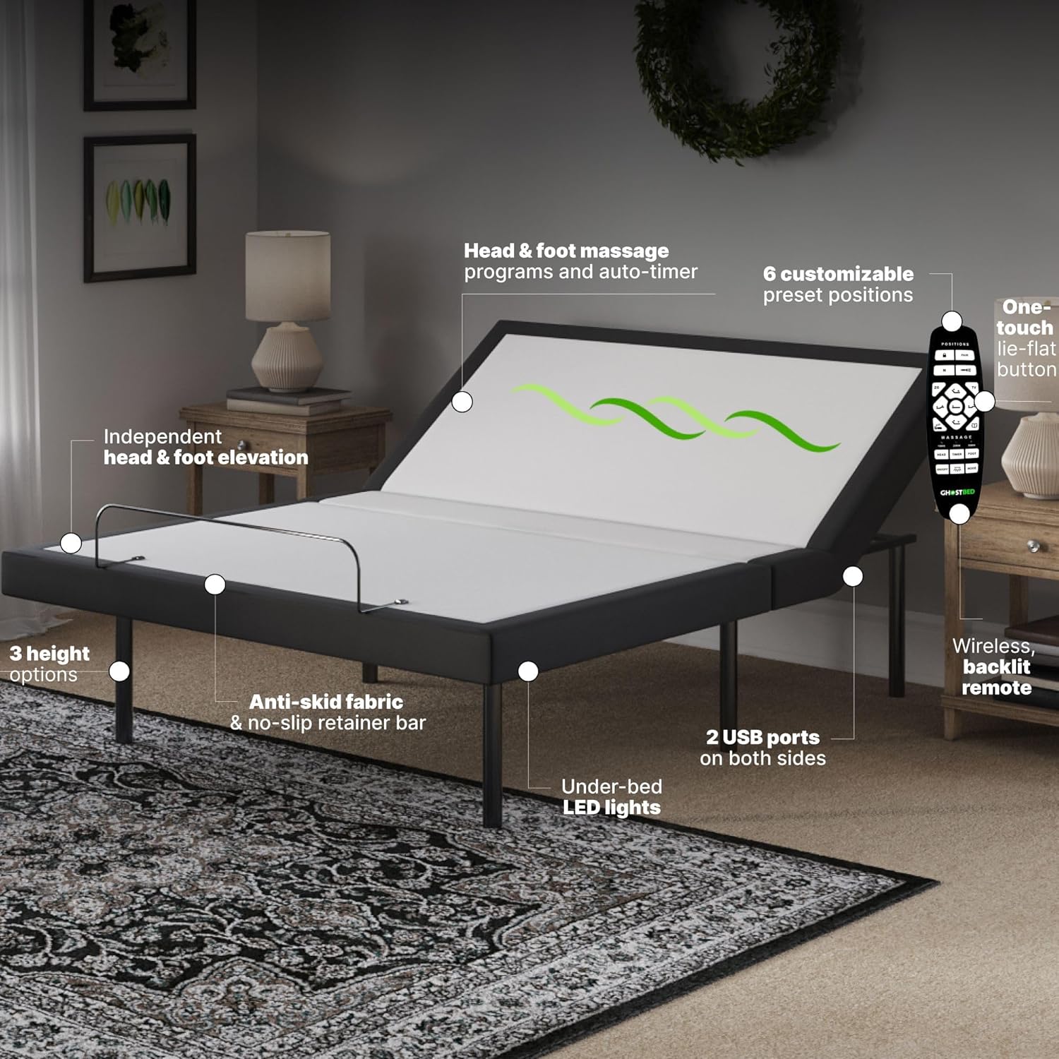GhostBed Adjustable Bed Frame Power Base with 11" Ultimate Memory Foam Mattress Bundle - Electric Bed Base with Lumbar Support - Zero Gravity and Massage Settings - Queen