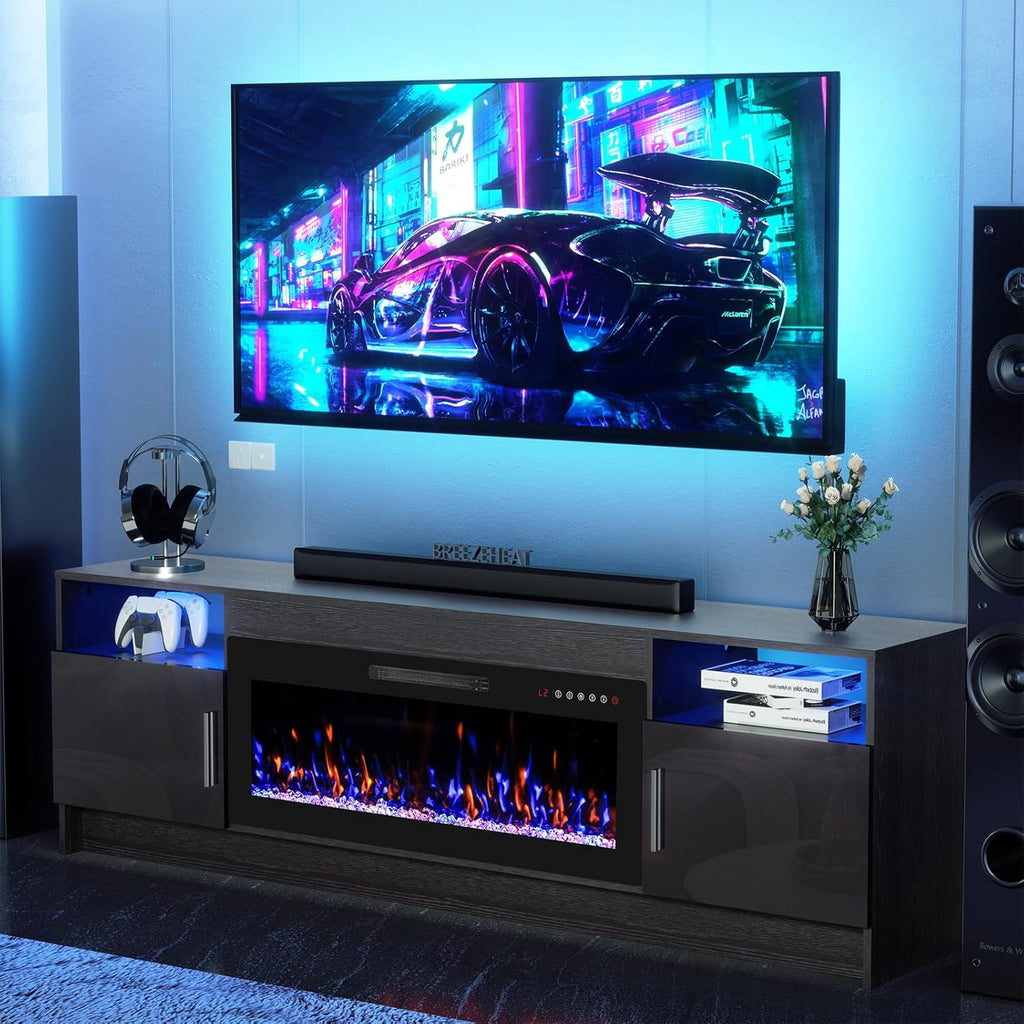 BREEZEHEAT Electric Fireplace TV Stand with 36 inch Fireplace Up to 80" TVs-Led Entertainment Center with High Glossy Doors-70 inch TV Cabinet, Modern Media Console for Living Room(Black)