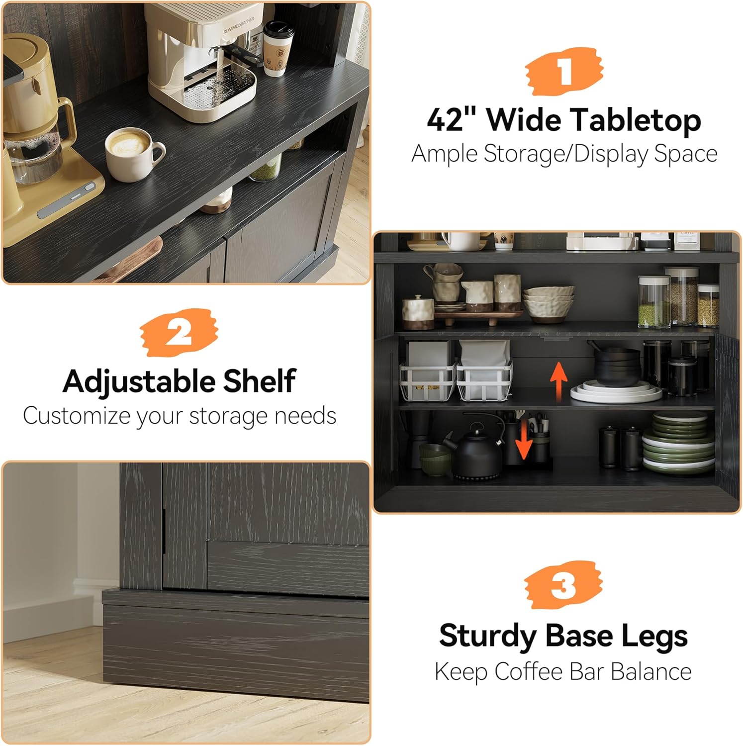 CABIHOME 72" Coffee Hutch Large Kitchen Sideboard，Farmhouse Coffee Bar Cabinet with Storage LED Buffet Cabinet with Wine Rack/Glass Shelf for Kitchen, Dining Room, Living Room(Black)