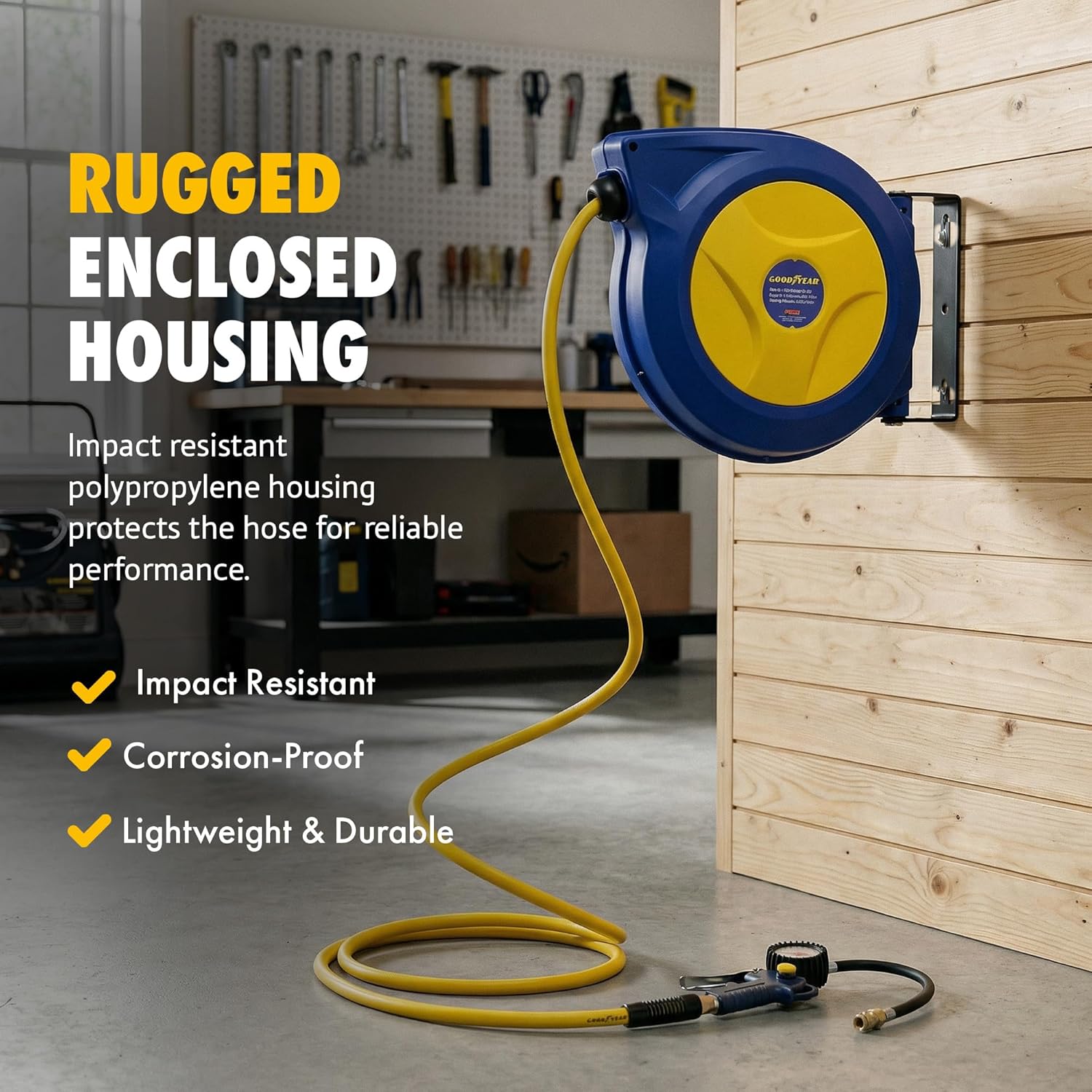 Goodyear Retractable Air Hose Reel, 3/8" x 50 FT, 300 PSI Hybrid Polymer Hose, Spring-Driven Automatic Rewind, Leak-Proof Swivel, Wall & Ceiling Mountable