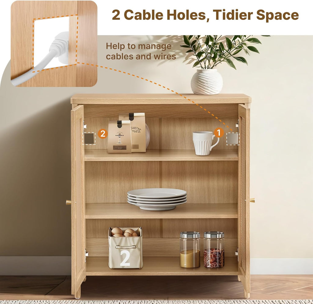 2 PCS Rattan Sideboard Buffet Cabinet 2 Door Boho Kitchen Storage Cabinet Accent Console for Living Room, Hallway, Kitchen, Sideboard, Buffet Table Natural Oak
