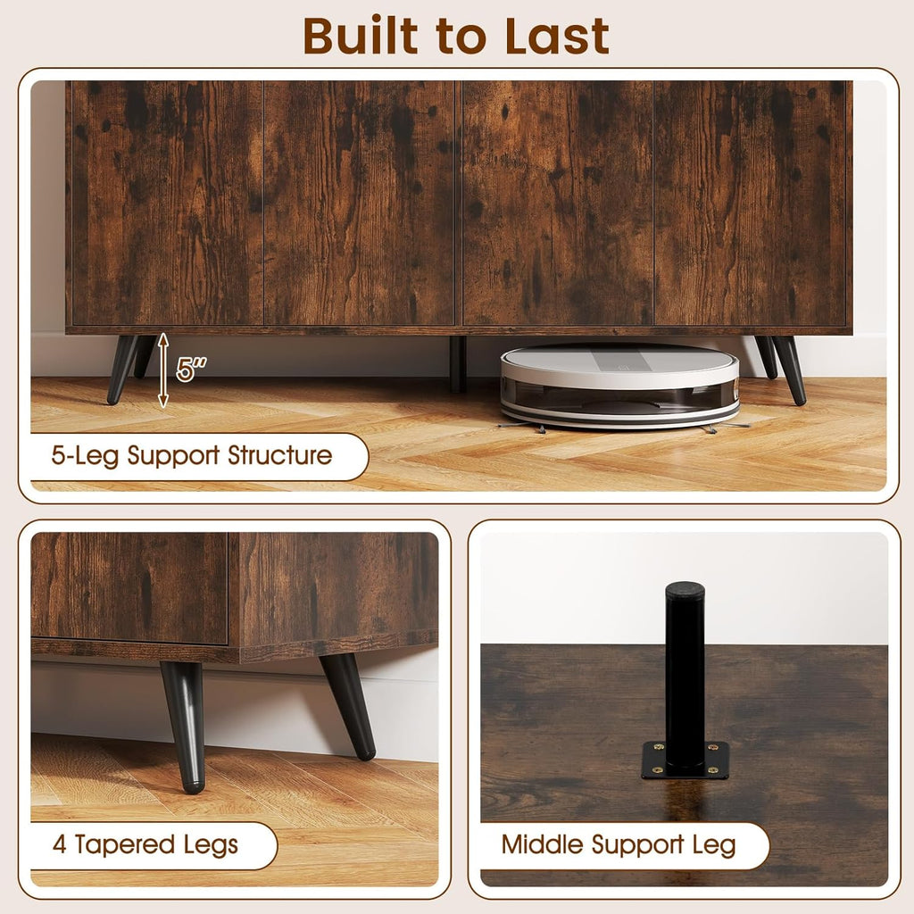 Giantex Sideboard Buffet Cabinet, 50’’ Accent Kitchen Storage Cabinet with 4-Door & 5-Position Adjustable Shelves, Modern Sideboard with 5 Legs, Buffet Table for Coffee Bar, Living Room, Rustic Brown