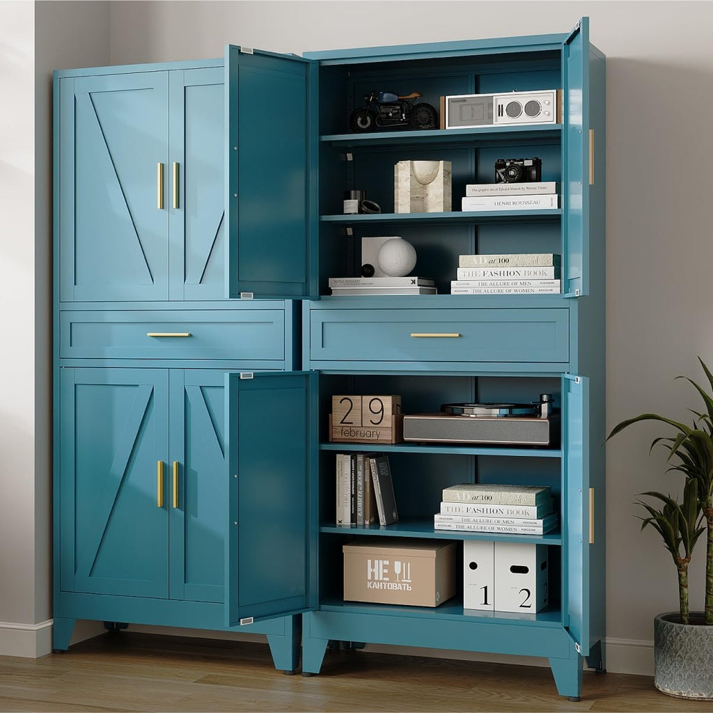 71 "Farmhouse Metal Filing Cabinet with a Drawer and 4 Adjustable Shelves, with 4 Large barn Door Blue Kitchen Cabinets, Metal Food Cabinets for Home, Kitchen, Dining/Living Room (Peacock Blue)