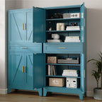 71 "Farmhouse Metal Filing Cabinet with a Drawer and 4 Adjustable Shelves, with 4 Large barn Door Blue Kitchen Cabinets, Metal Food Cabinets for Home, Kitchen, Dining/Living Room (Peacock Blue)