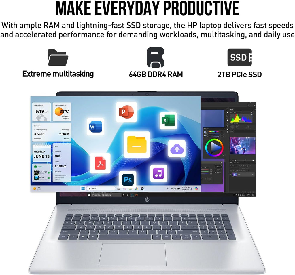 HP 2026 Powerbook 17 Inch Laptop Computer  17.3" FHD IPS Business Laptop PC  Intel Core 7 (10-Cores  Beat 13th Gen Intel Core i7-1355U)  Windows 11 Pro  64GB RAM 2TB SSD | Number Pad|Wi-Fi 6|Silver