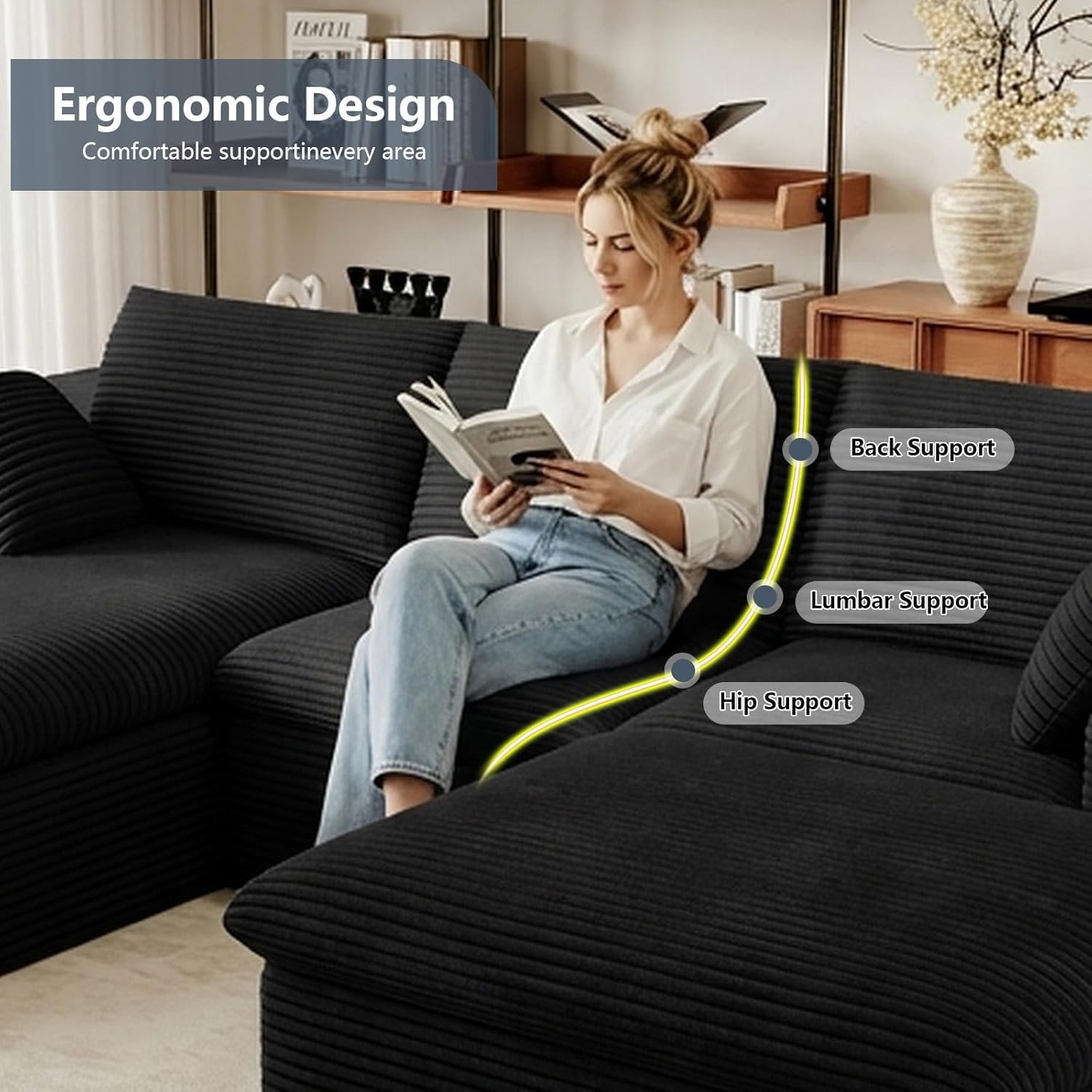 107" Cloud Couch Modular Sectional Sofa for Living Room, U-Shape Boneless Couch with Deep Seat, Modern Upholstered Corduroy 3-Seater with Ottoman, No Assembly Required (Black,Left-Facing Chaise)