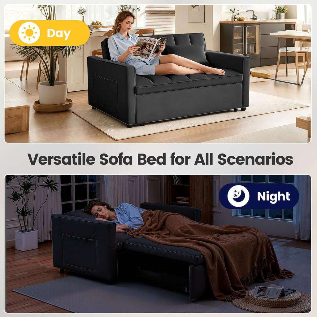 Convertible Sofa Bed, Pull Out Couch with Side Pockets, 3 in 1 Velvet Fabric Loveseat Sleeper Sofa Bed, Pull Out Couch with Adjustable Backrest for Living Room, Bedroom, Apartment, Black