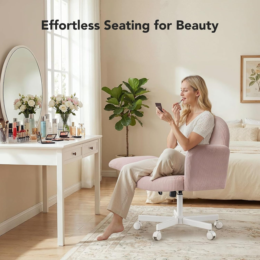 HUANUO Vanity Chair with 6-Position Adjustable Armrests, Criss Cross Chair with Wide Cushion, Soft Corduroy Fabric, 90°-105° Recline, Pet-Friendly, Perfect for Makeup Bedroom, Home Office, Pink