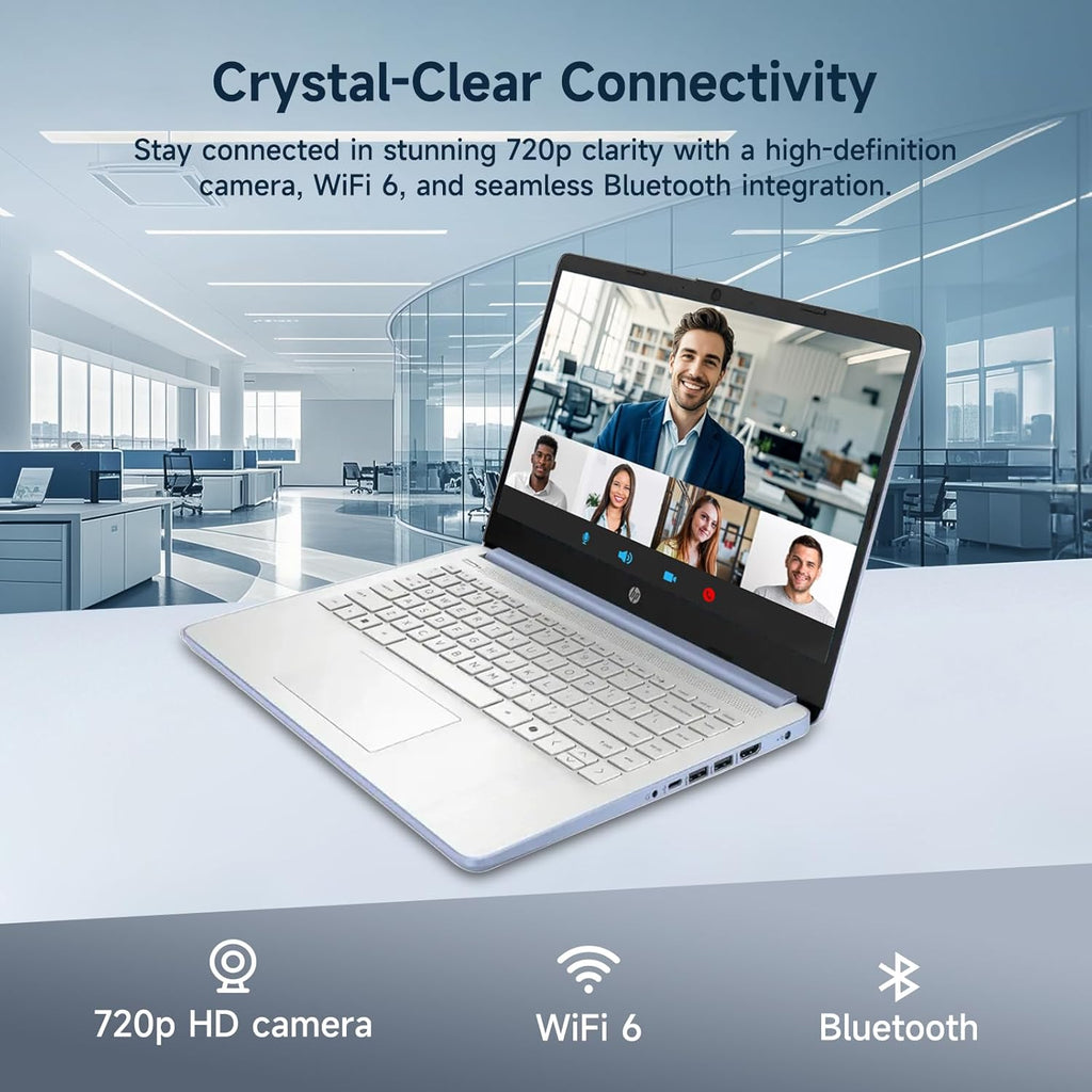HP 14 Student-Laptop Back to School  Quad-Core Processor (Up to 3.6GHz) 8GB RAM 192GB Storage(128GB UFS + 64GB SD Card) Laptops for Student with 1-Year Office 365 Copilot AI Win11  Sky Blue