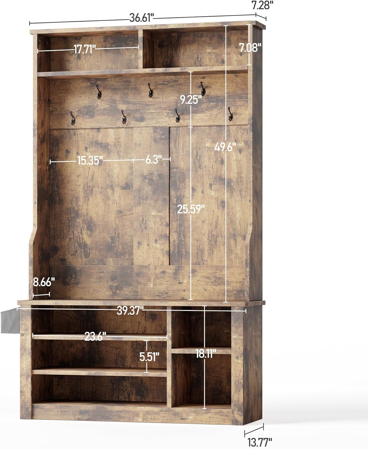 Aiho Entryway Hall Tree with Bench and Storage, 3-in-1 Hall Tree with Coat Rack, Adjustable Shoe Bench, 2-Tier top Storage, for Hallway, Entryway, Bedroom, Rustic Brown