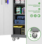 71" H Metal Storage Cabinet with Wheels and Pegboard, Lockable Steel Garage Storage Cabinet with 5 Adjustable Shelves and Door for Garage, Office, Kitchen, Assembly Required（Grey and White）