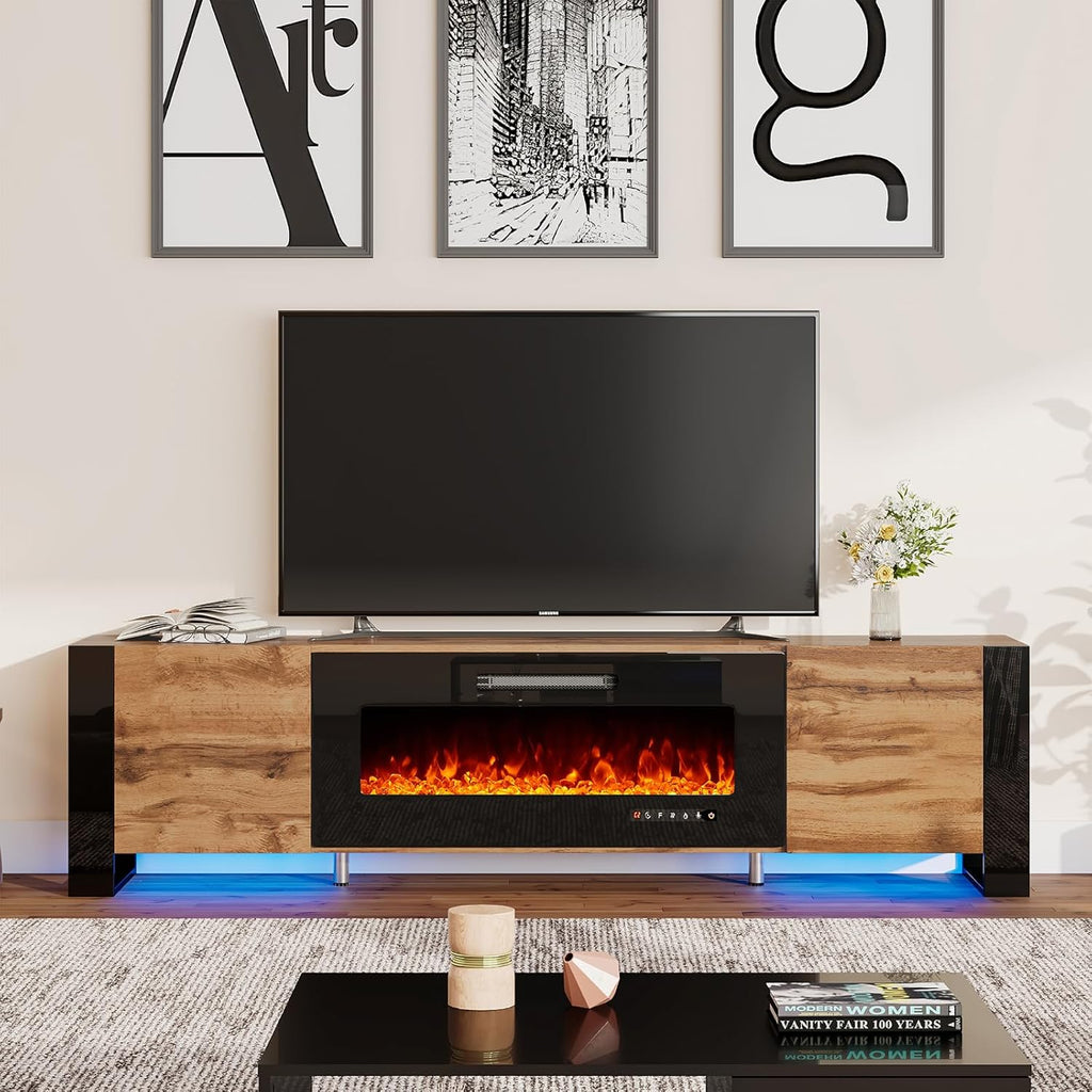 AMERLIFE Fireplace TV Stand with 36" Fireplace, 70" Modern Entertainment Center with High Gloss Doors & LED Lights, U-Shaped Legs TV Console Cabinet for TVs Up to 80", Rustic Oak