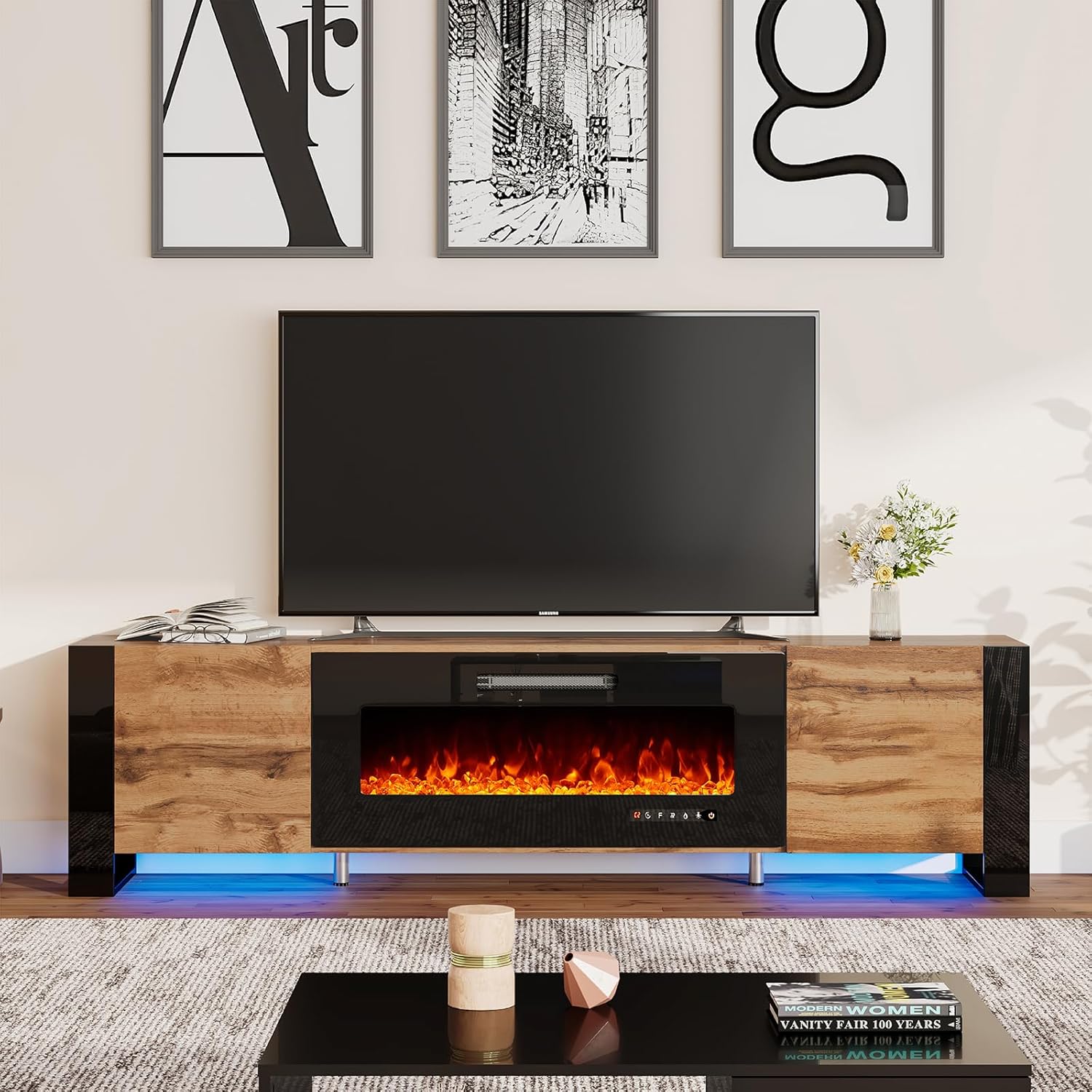 AMERLIFE Fireplace TV Stand with 36" Fireplace, 70" Modern Entertainment Center with High Gloss Doors & LED Lights, U-Shaped Legs TV Console Cabinet for TVs Up to 80", Rustic Oak