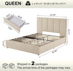 VELOCAVA Queen Size Upholstered Storage Bed Frame with 4 Drawers, Modern Linen Platform Bed with Vertical Channel Headboard, Sturdy Wood Slats, Under Bed Storage, No Box Spring Needed, Beige